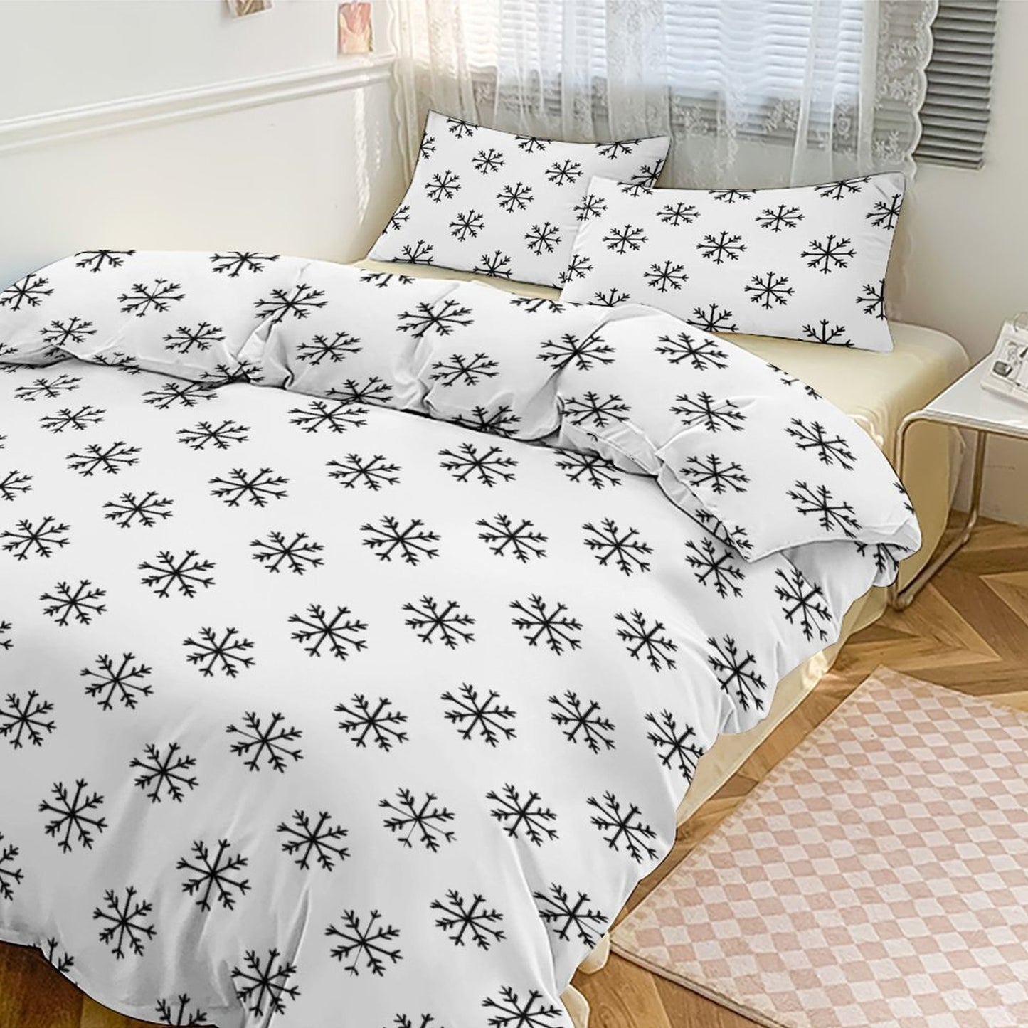 Minimalist Snowflakes 3-Piece Bedding Set-86"×70" Twin, Reversible Seasonal Duvet Cover Set