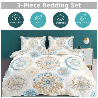 Blue Gold Boho Fun 3-Piece Bedding Set-90"x90" Full, Queen Reversible Boho Blue, Cream, Gold Duvet Cover