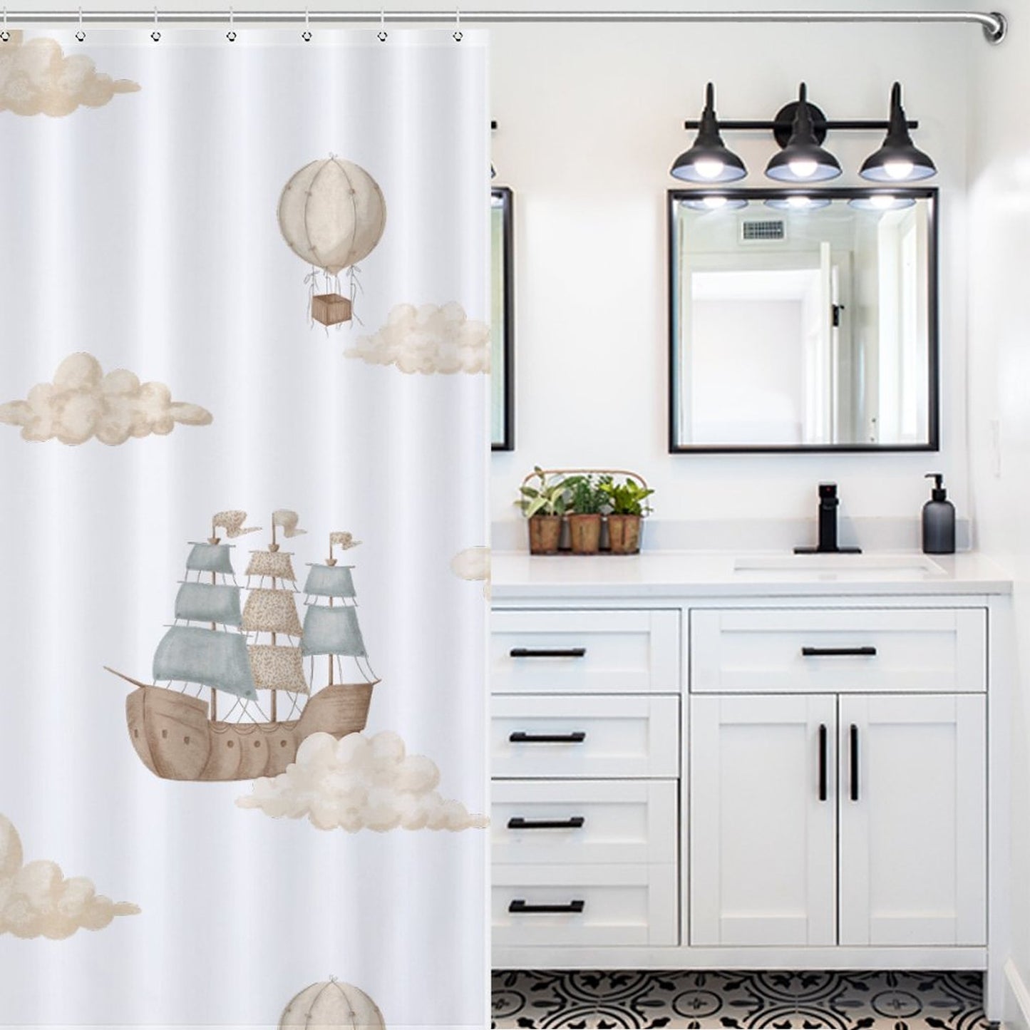 Lightweight Shower Curtain- Watercolor Pirate Ships