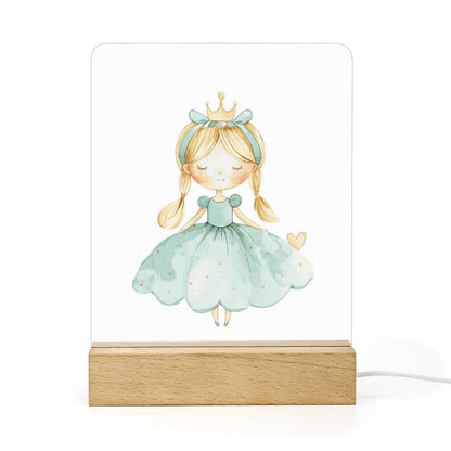 Watercolor Teal Princess 3 Acrylic Night Light with Wooden Base