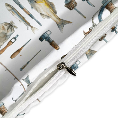 Watercolor Fishing Tools  3-Piece Bedding Set-90"x90" Full, Queen Reversible Fishing Duvet Cover, Fishing Camp, Lake House Bedding Set