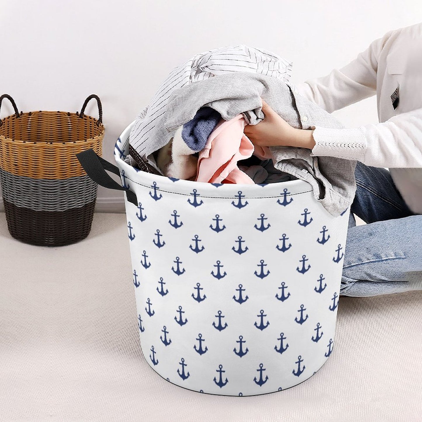 Collapsible Laundry Hamper- Nautical Navy Anchors