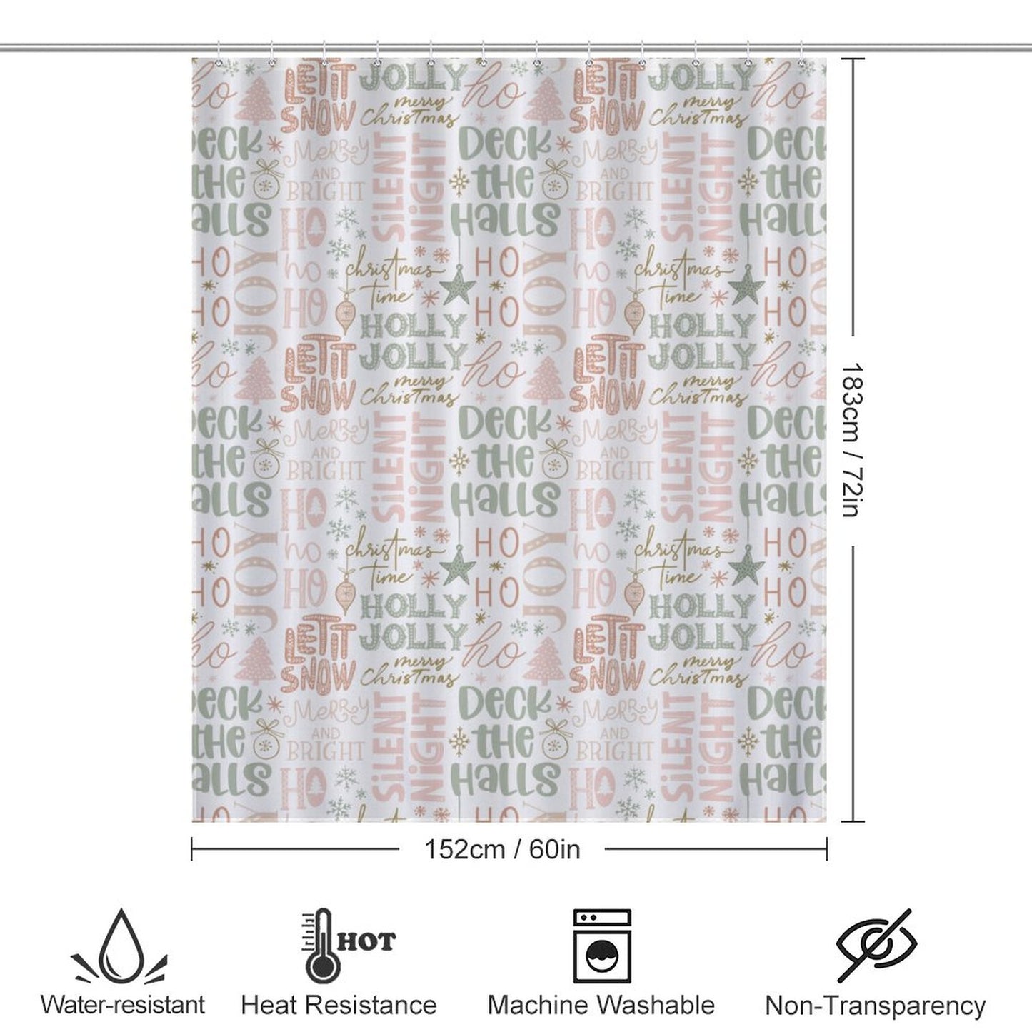 Lightweight Shower Curtain- Christmas Phrases