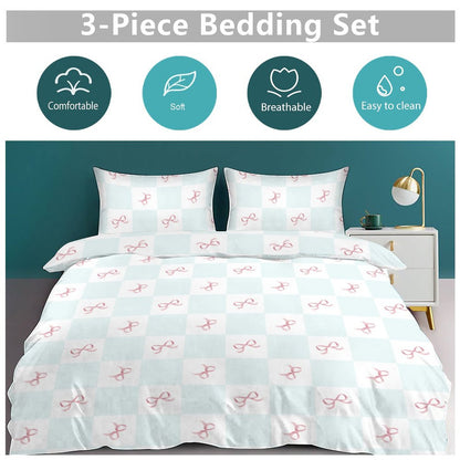 Blue Check Coquette Bows 3-Piece Bedding Set-86"×70" Twin, Reversible Coquette Duvet Cover Set