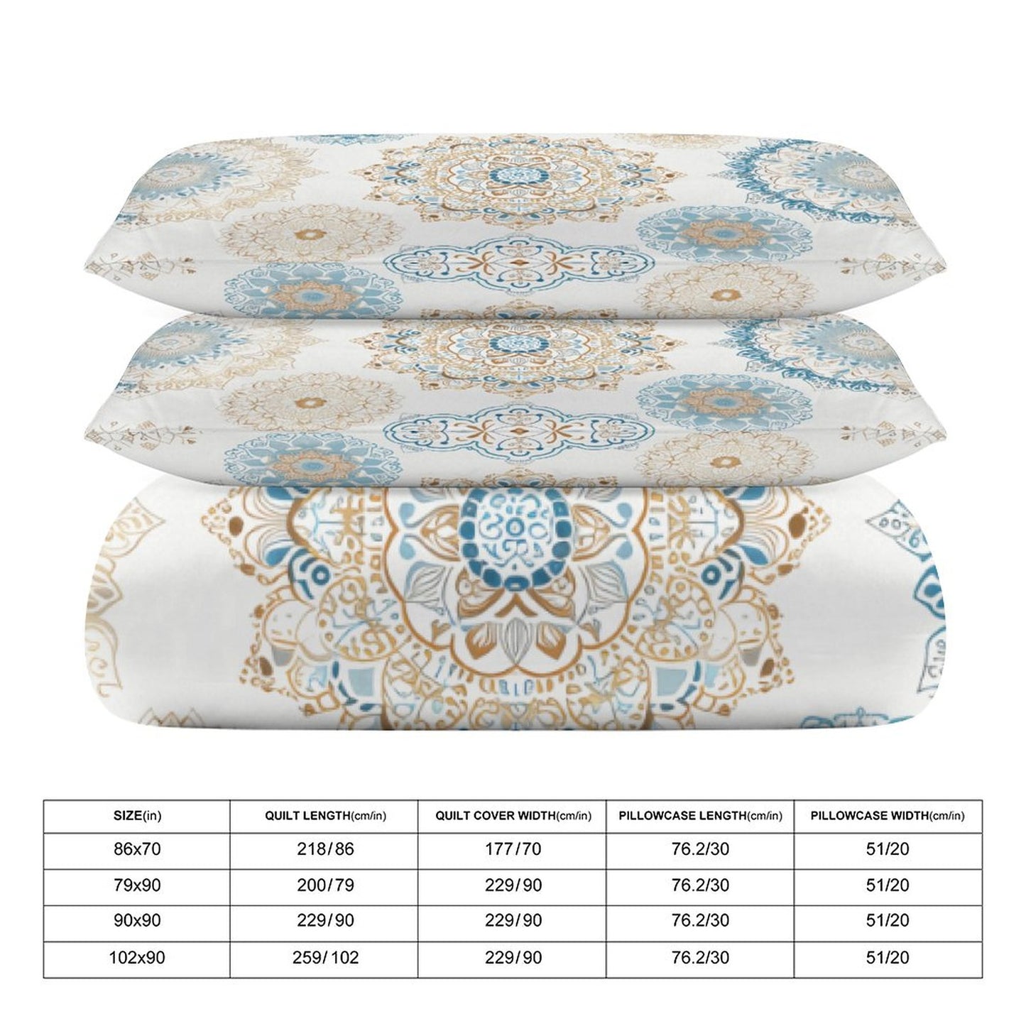 Blue Gold Boho Fun 3-Piece Bedding Set-90"x90" Full, Queen Reversible Boho Blue, Cream, Gold Duvet Cover