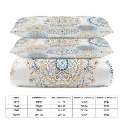 Blue Gold Boho Fun 3-Piece Bedding Set-90"x90" Full, Queen Reversible Boho Blue, Cream, Gold Duvet Cover