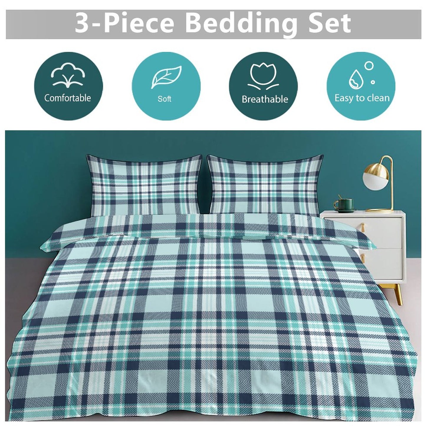 Teal Plaid 3-Piece Bedding Set-90"x90" Full, Queen Plaid Reversible Duvet Cover Set