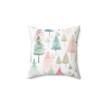 Spun Polyester Square Pillow with Removable Cover Watercolor Pastel Christmas Trees