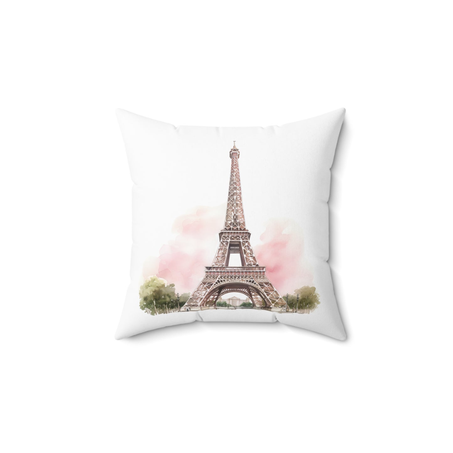 Spun Polyester Square Pillow with Removable Cover Watercolor Pink Paris Eiffel Tower French Bakery