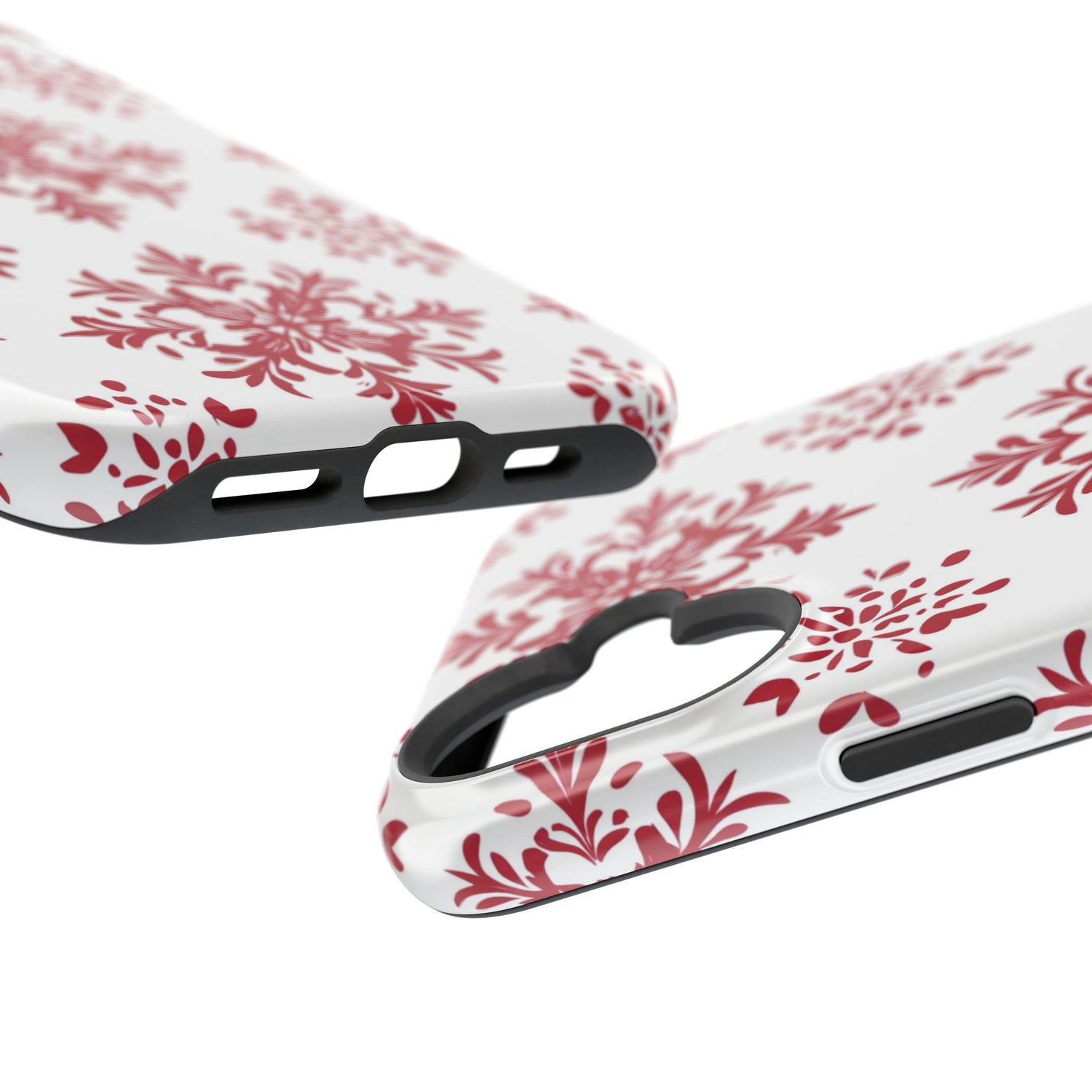 A phone case with a white background and a red snowflake pattern. The case has a cut-out for the camera and buttons, and a black border at the top and bottom.