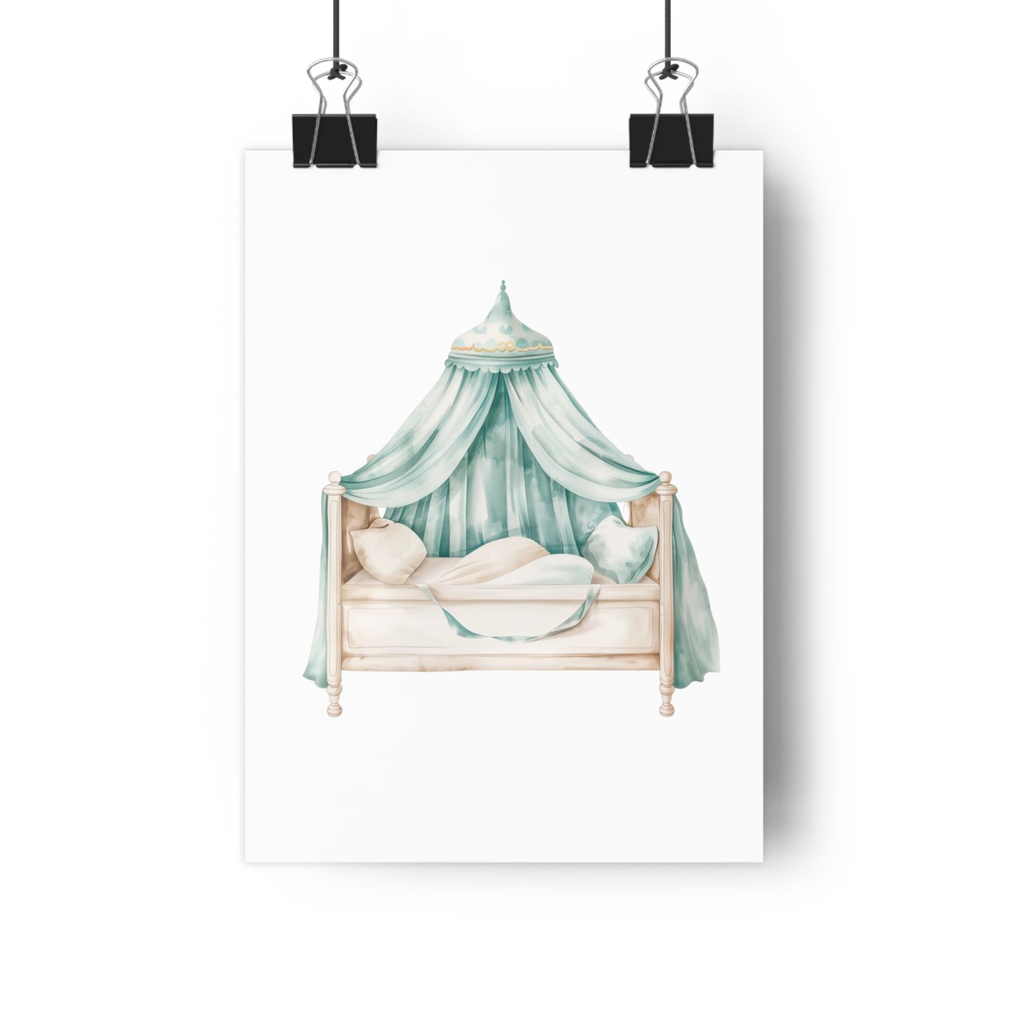 Giclée Art Print Watercolor Teal Princess Canopy Bed