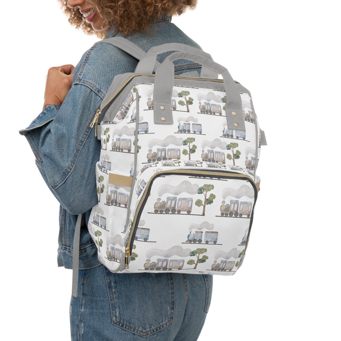 Classic Transportation Trains Grey/Blue Multifunctional Diaper Backpack