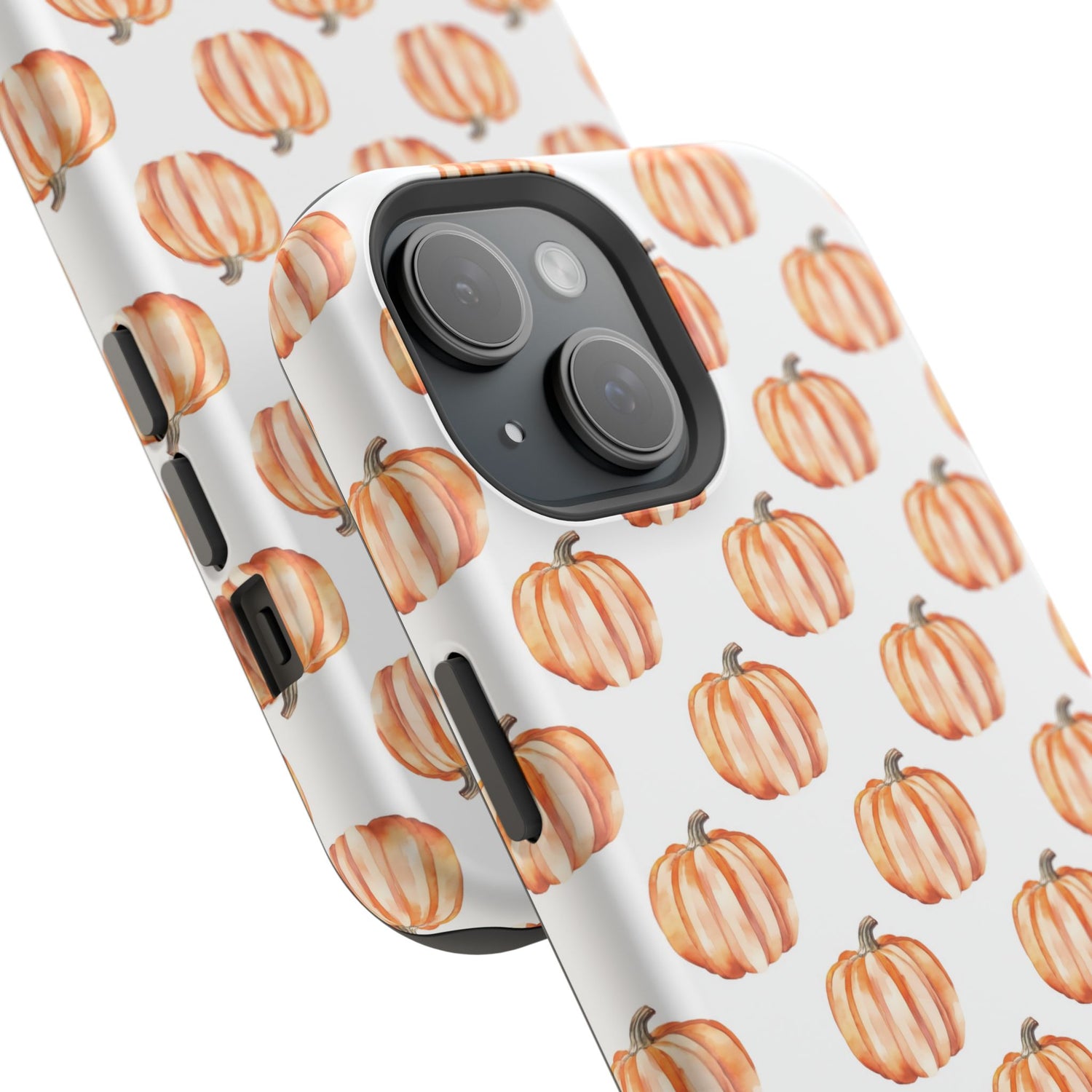 A phone case with a pattern of pumpkins on a white background, featuring a camera cutout and a black border at the top.