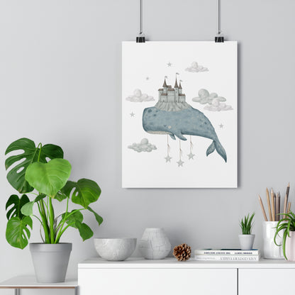 Giclée Art Print Watercolor Whales and Castles Blue Gray