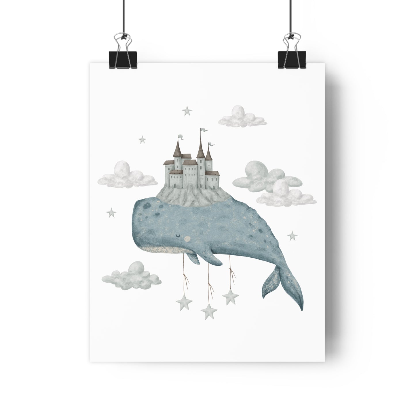 Giclée Art Print Watercolor Whales and Castles Blue Gray