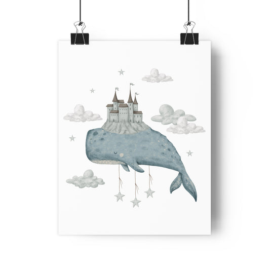 Giclée Art Print Watercolor Whales and Castles Blue Gray