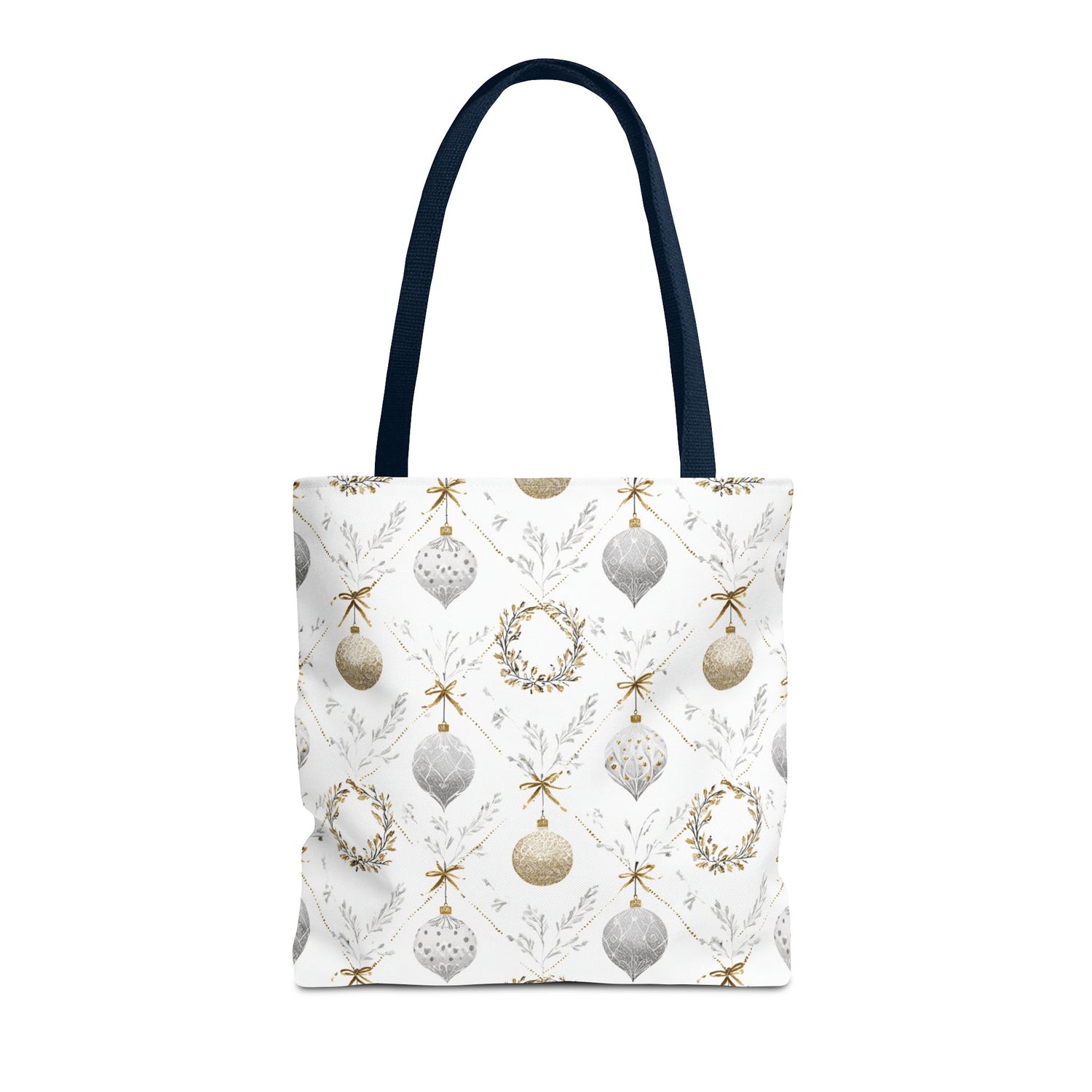 Tote bag with Christmas ornament pattern on a white background