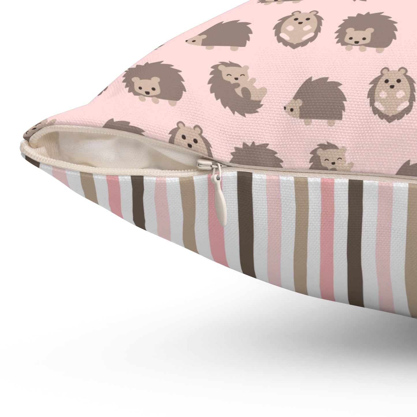 Spun Polyester Square Pillow with Removable Cover Hedgehog Playdate Pink Stripes