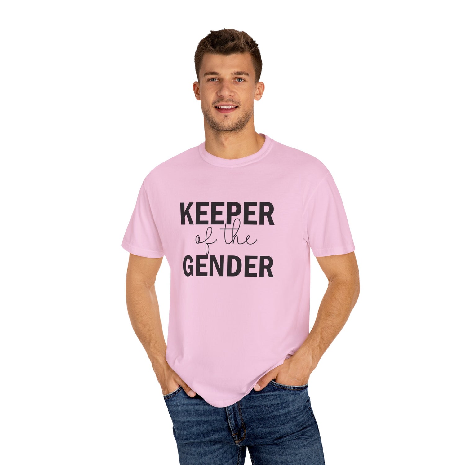 Unisex Garment-Dyed T-Shirt with 'Keeper of the Gender' Print | Funny New Baby Shirt, Casual Wear, Gender Reveal