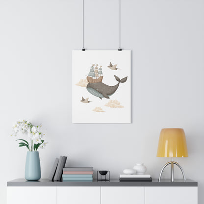 Giclée Art Print Memories of Dreams Whale Ship Blue Neutral