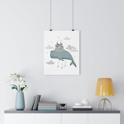 Giclée Art Print Watercolor Whales and Castles Blue Gray