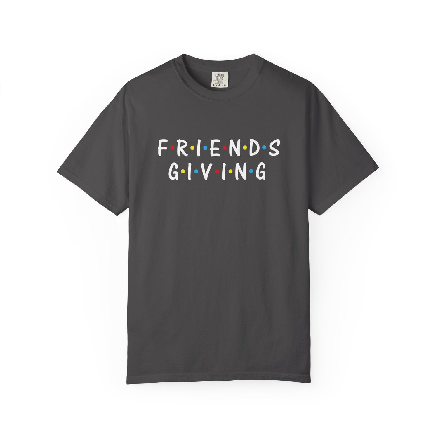 Gray t-shirt with 'FRIENDS GIVING' text on a white background