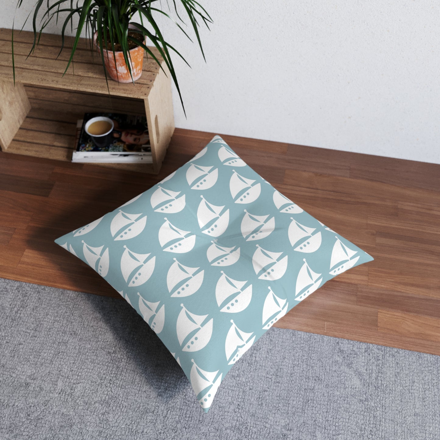 Tufted Floor Pillow, Square Beach Baby Sailboat Chevron