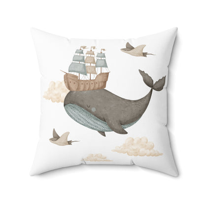 Spun Polyester Square Pillow with Removable Cover Watercolor Memories of Dreams Balloon Ship Whales