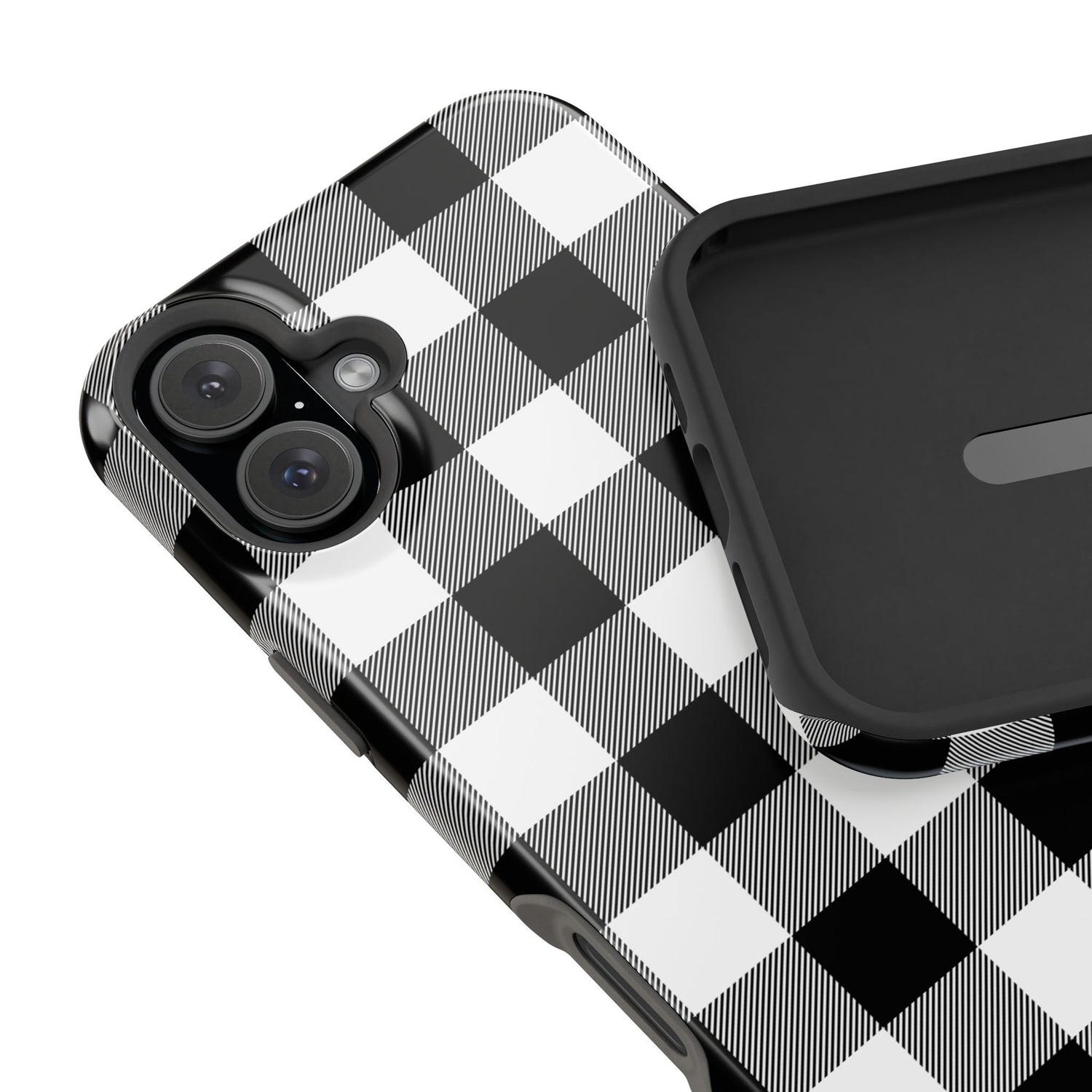 A checkered phone case in black and white with a camera module on the back, showing front and back angles.