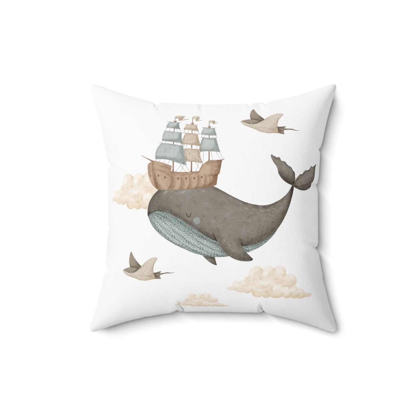 Spun Polyester Square Pillow with Removable Cover Watercolor Memories of Dreams Balloon Ship Whales