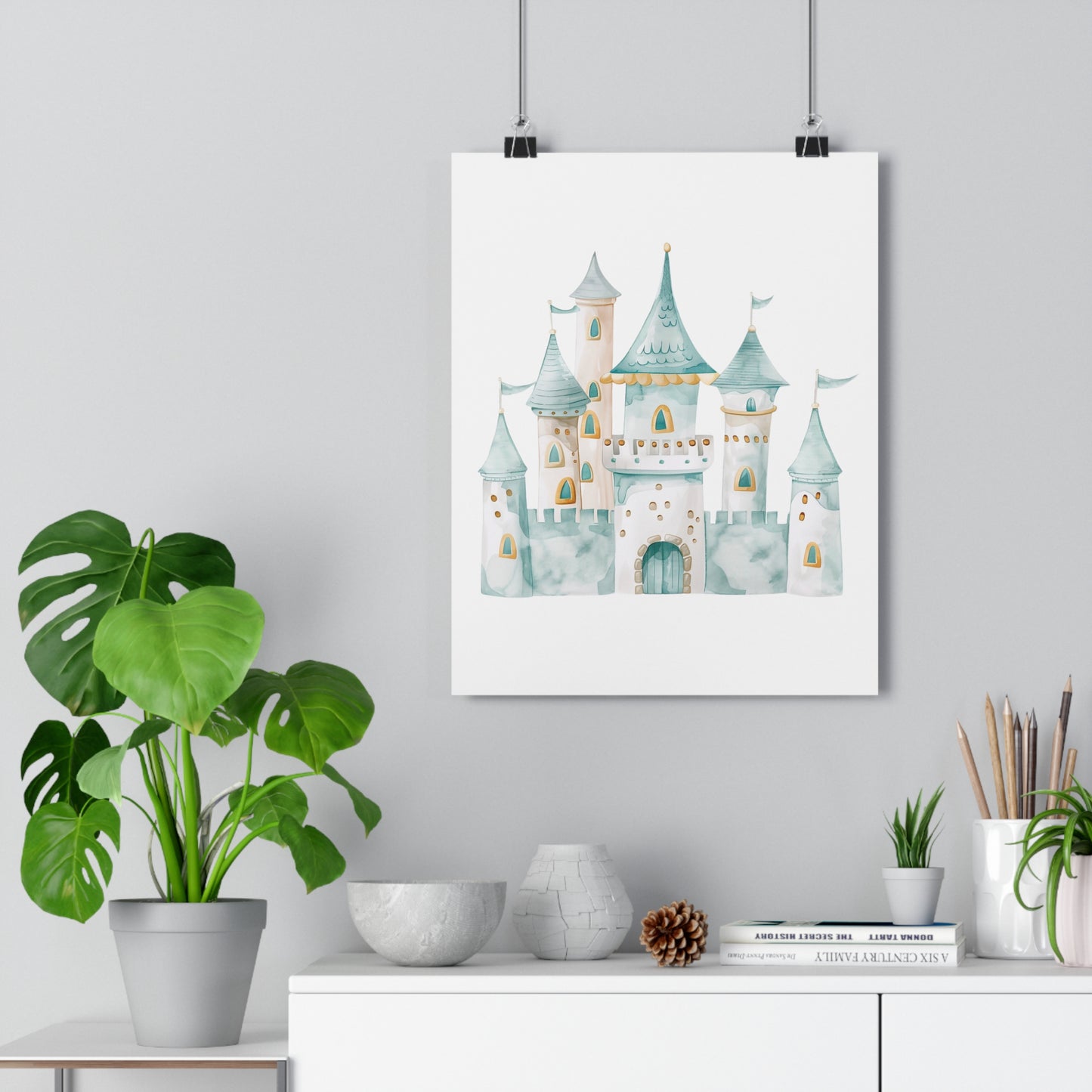 Giclée Art Print Watercolor Teal Princess Castle 1