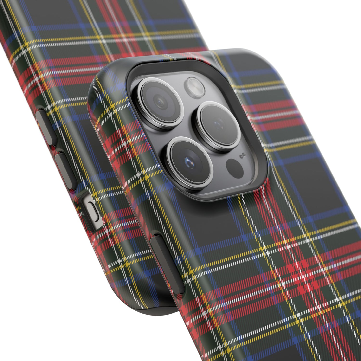 A phone case with a Christmas tartan plaid pattern in black, red, and green, featuring a camera module on the back.