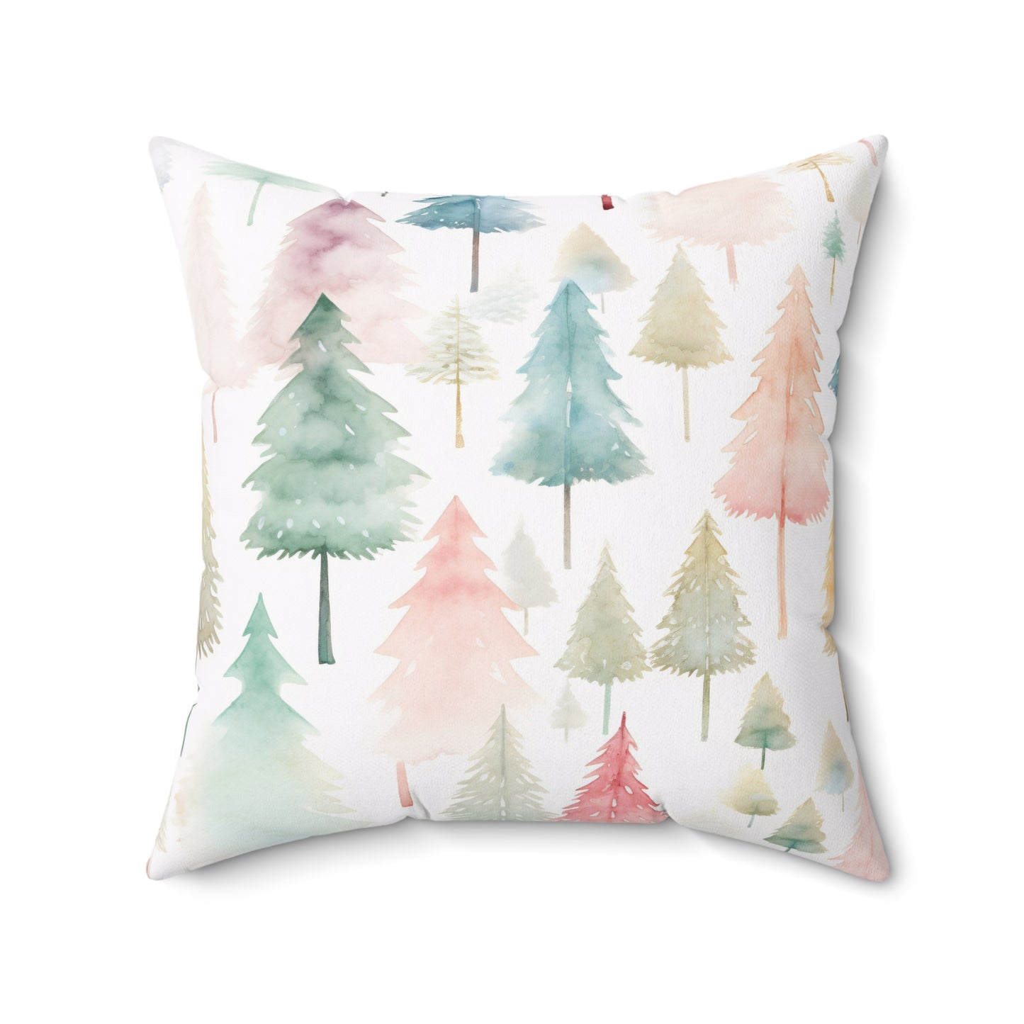 Spun Polyester Square Pillow with Removable Cover Watercolor Pastel Christmas Trees