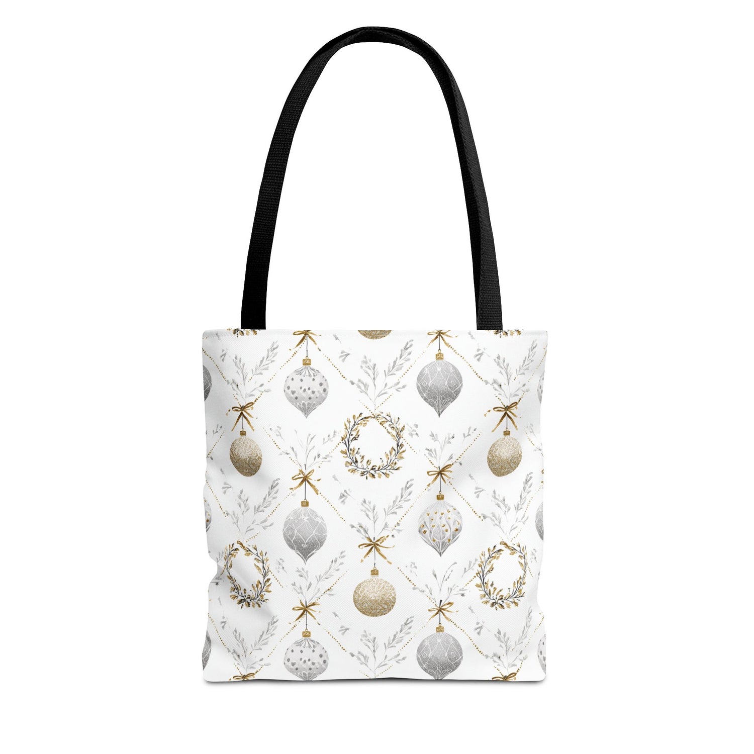 Tote bag with Christmas ornament and wreath pattern on a white background