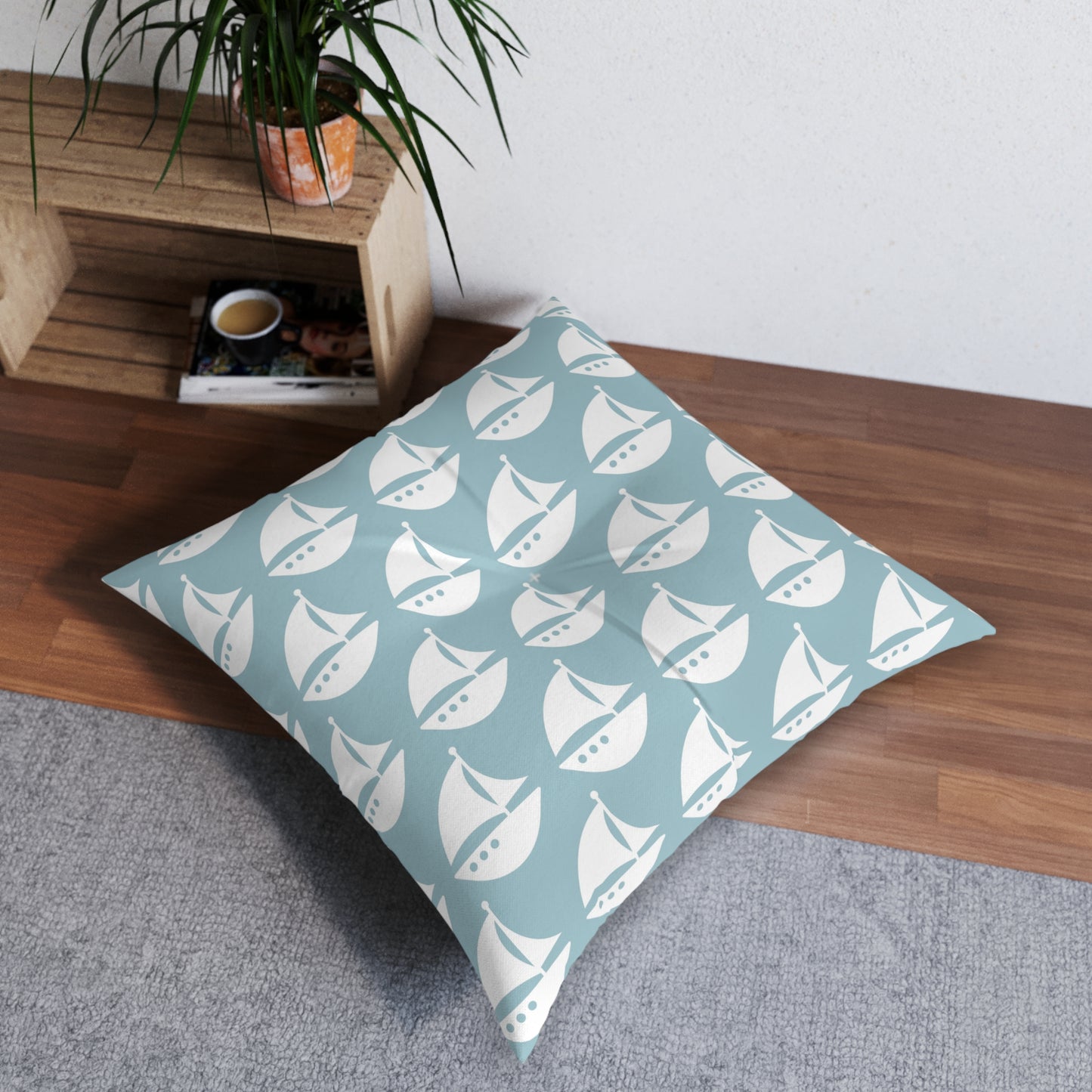 Tufted Floor Pillow, Square Beach Baby Sailboat Chevron