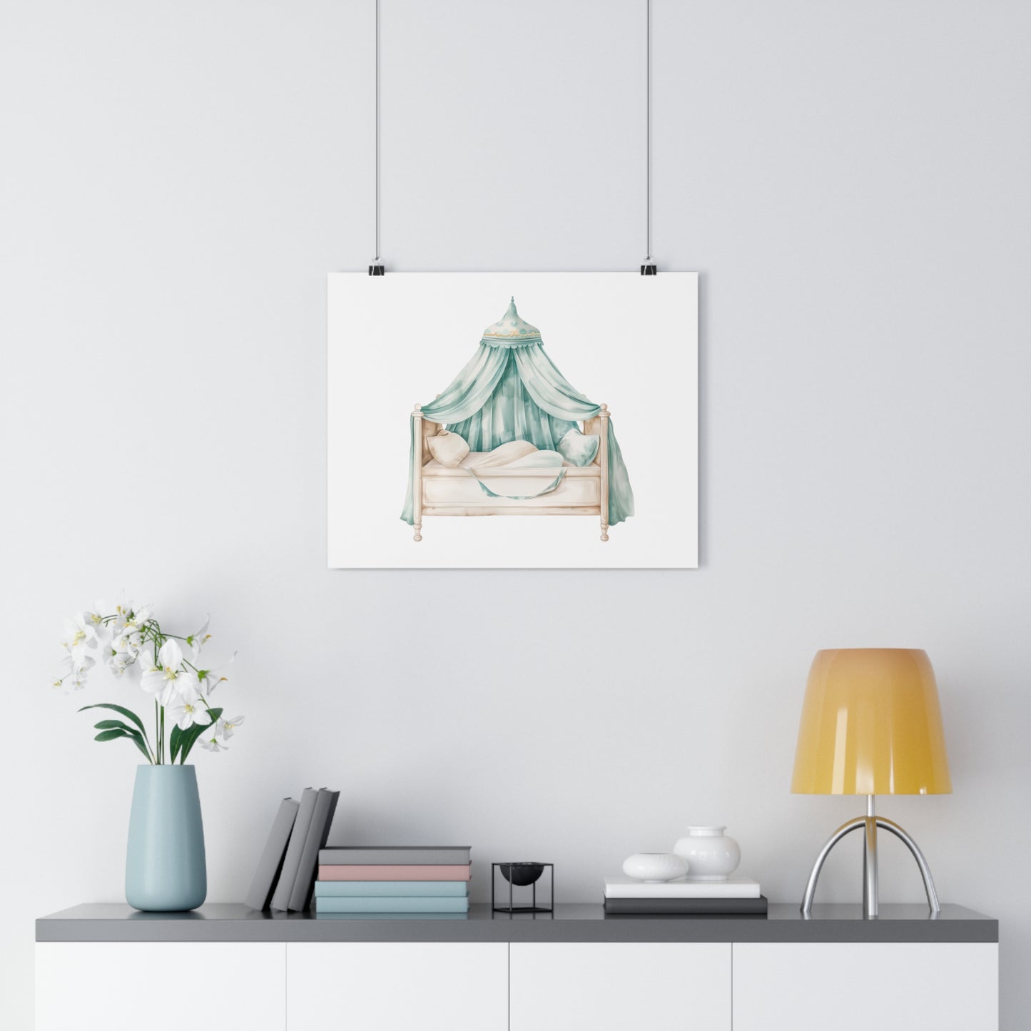 Giclée Art Print Watercolor Teal Princess Canopy Bed