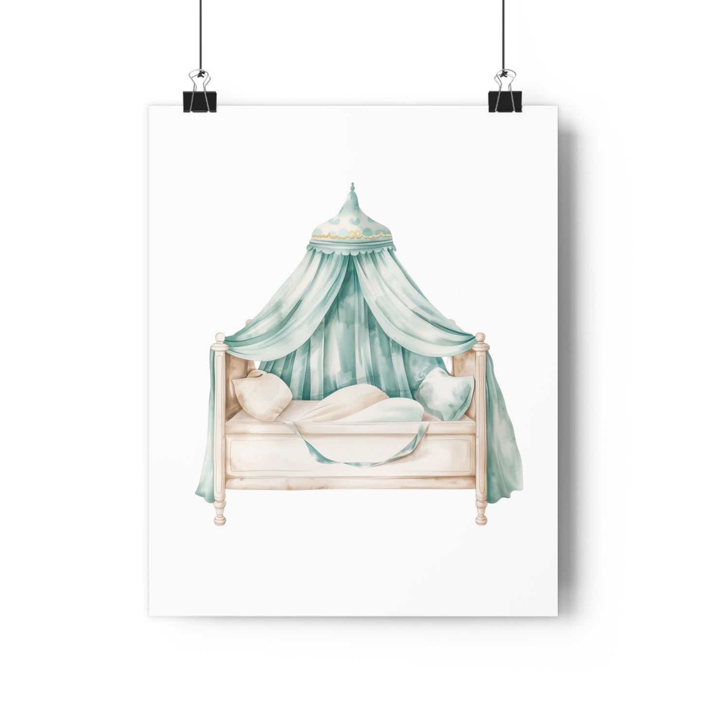 Giclée Art Print Watercolor Teal Princess Canopy Bed