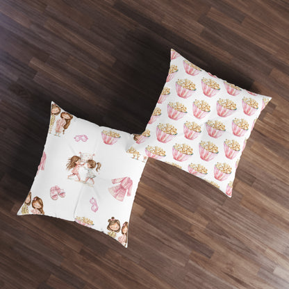 Tufted Floor Pillow, Square Pink Pajama Party Pillow Fight and Popcorn