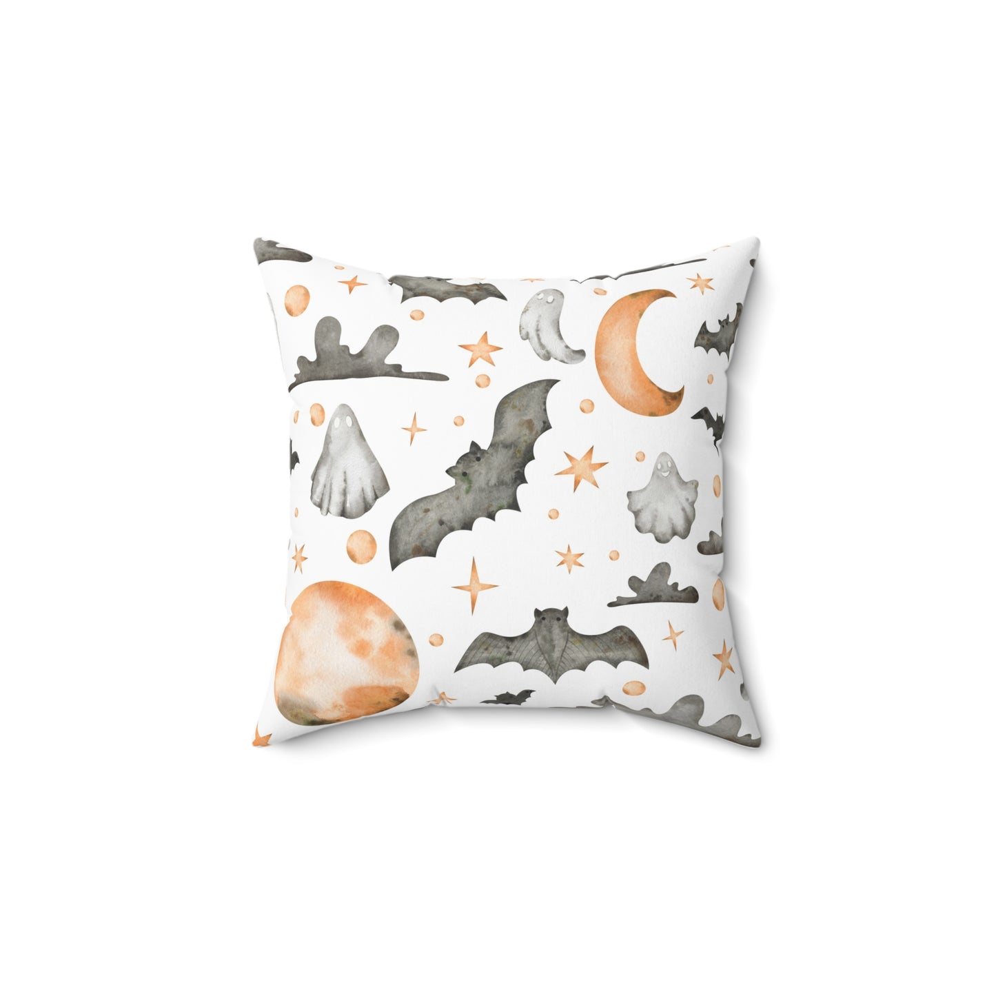 Spun Polyester Square Pillow with Removable Cover Watercolor Halloween Ghosts and Bats