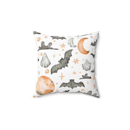 Spun Polyester Square Pillow with Removable Cover Watercolor Halloween Ghosts and Bats