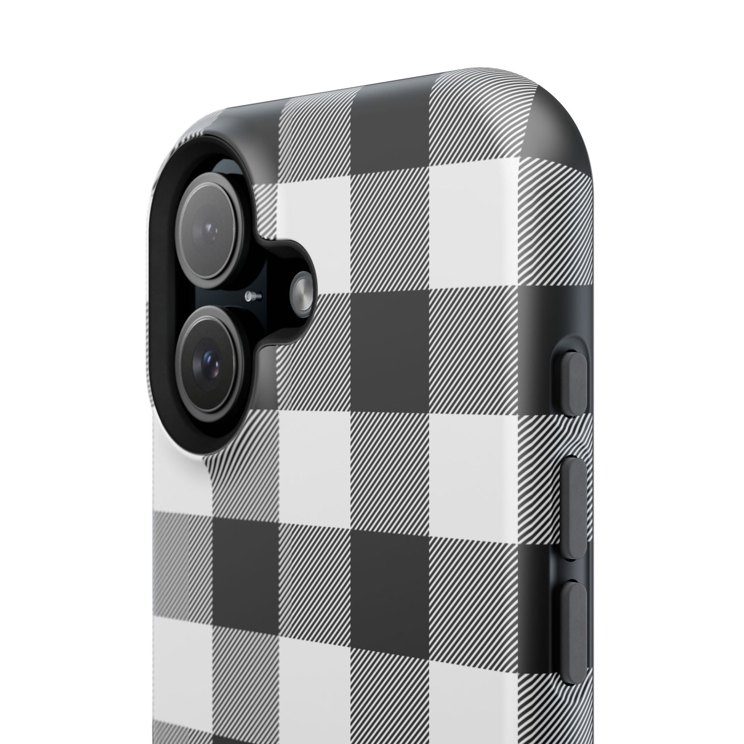 A black and white checkered phone case with a camera module on the back and a checkered pattern on the front.