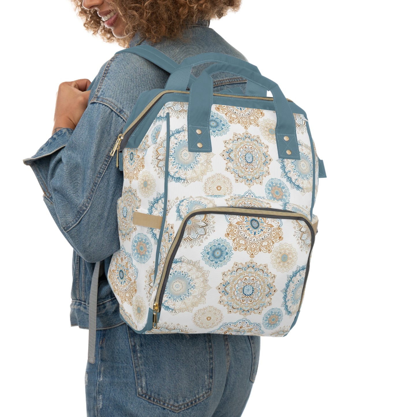 Multifunctional Backpack Diaper Bag- Boho Blue Gold