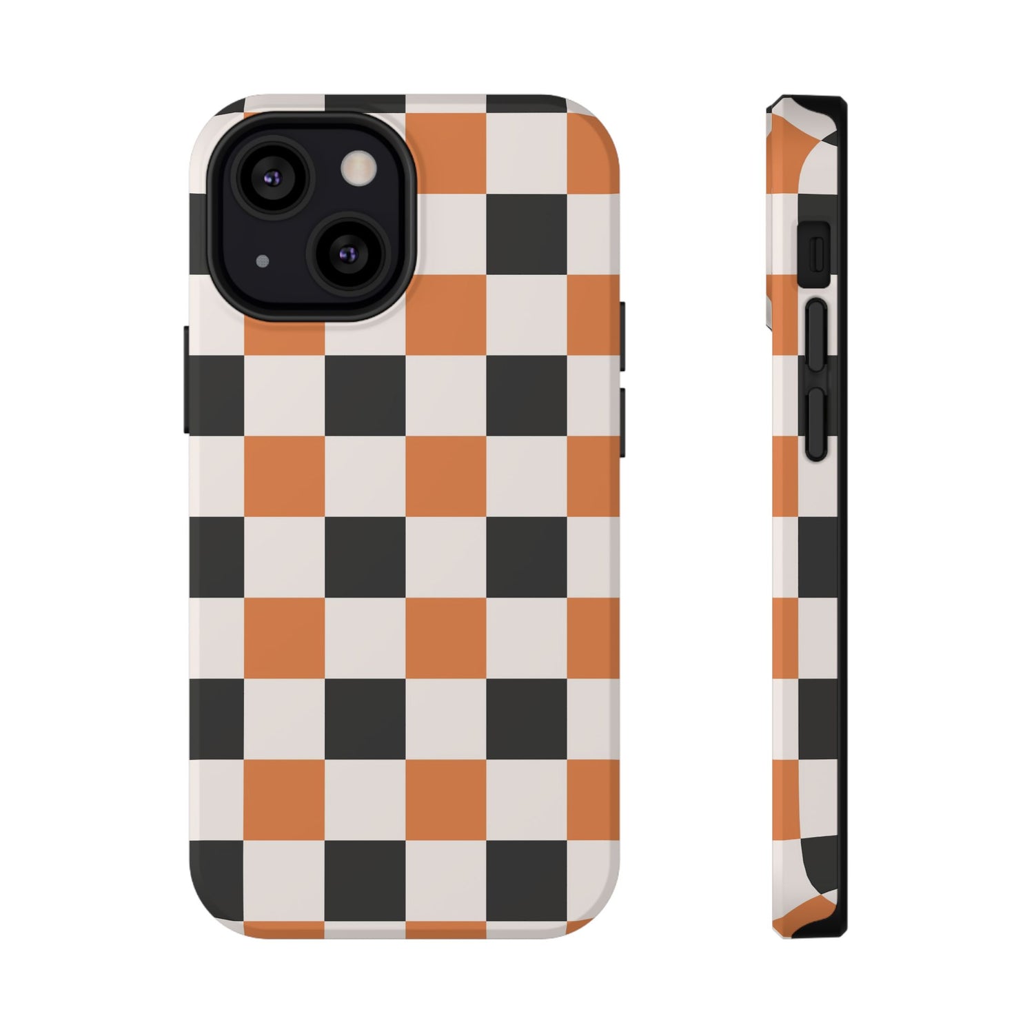 Checkered phone case with black, orange, and white pattern on a white background