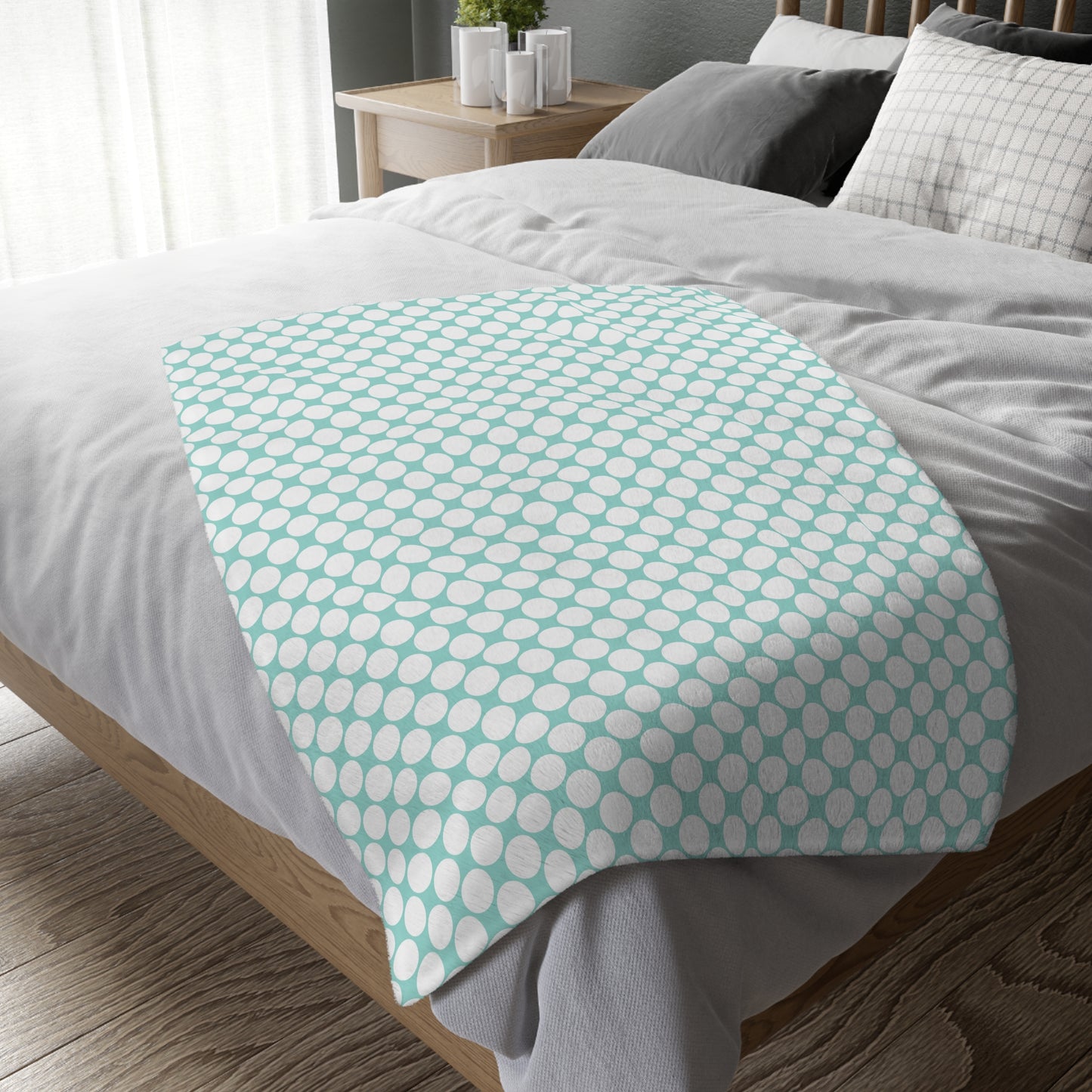 Velveteen Microfiber Two-sided Polished Polka Dots Aqua White