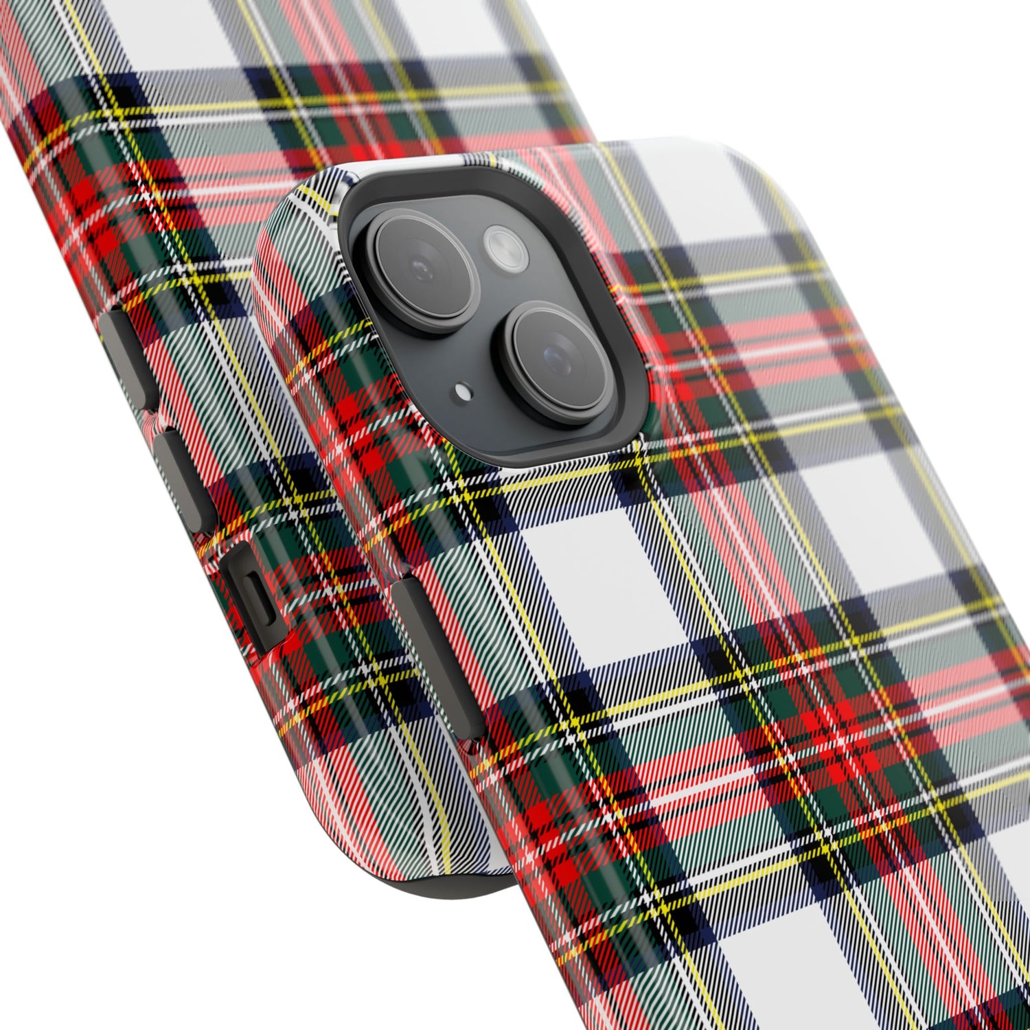A phone case with a Christmas-themed tartan plaid pattern in red, green, and yellow colors, featuring a camera module on the back.