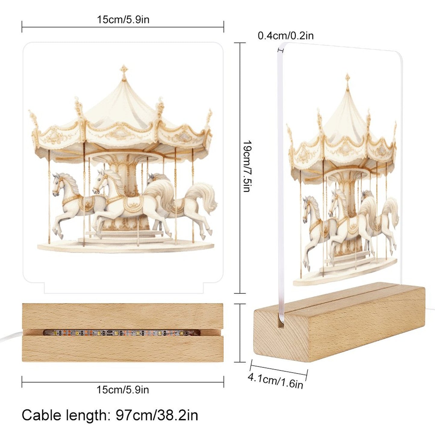 Watercolor Carousel Neutral Acrylic Night Light with Wooden Base