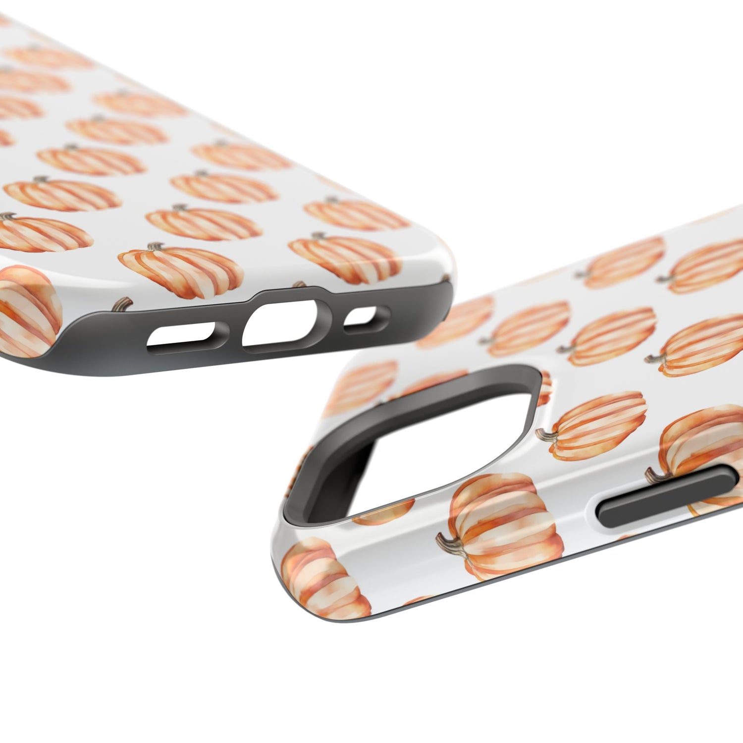 A phone case with a pattern of pumpkins on a white background, featuring a camera cutout and a black border at the top.