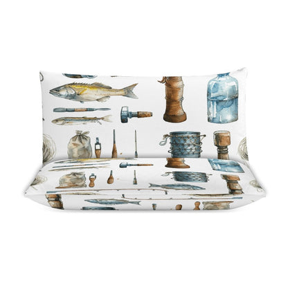 Watercolor Fishing Tools  3-Piece Bedding Set-90"x90" Full, Queen Reversible Fishing Duvet Cover, Fishing Camp, Lake House Bedding Set