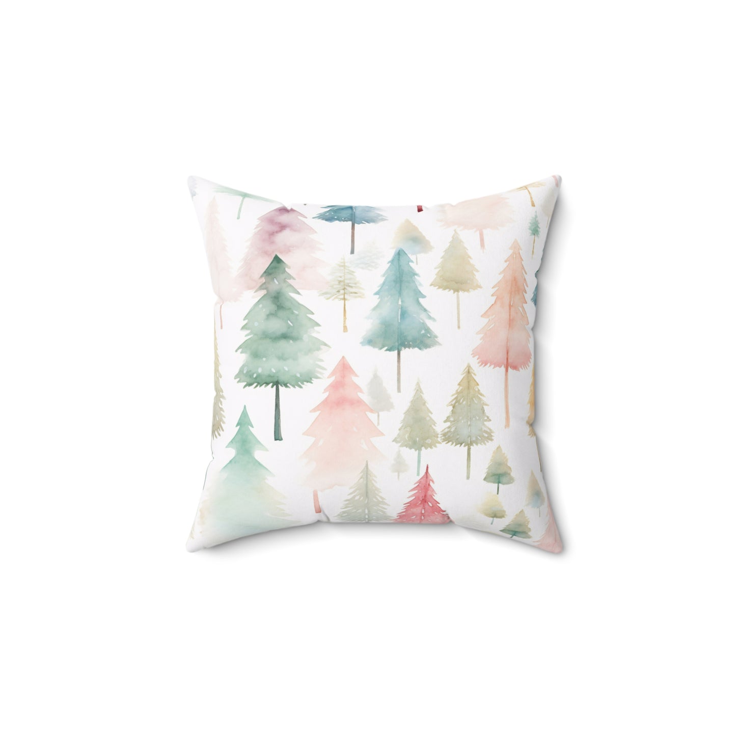 Spun Polyester Square Pillow with Removable Cover Watercolor Pastel Christmas Trees