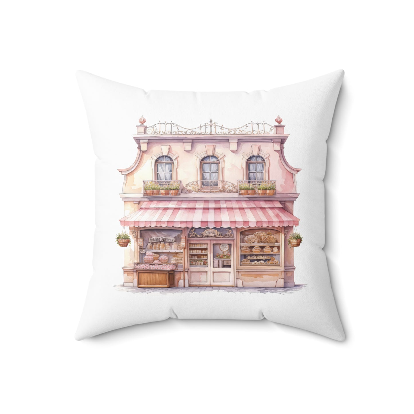 Spun Polyester Square Pillow with Removable Cover Watercolor Pink Paris Eiffel Tower French Bakery